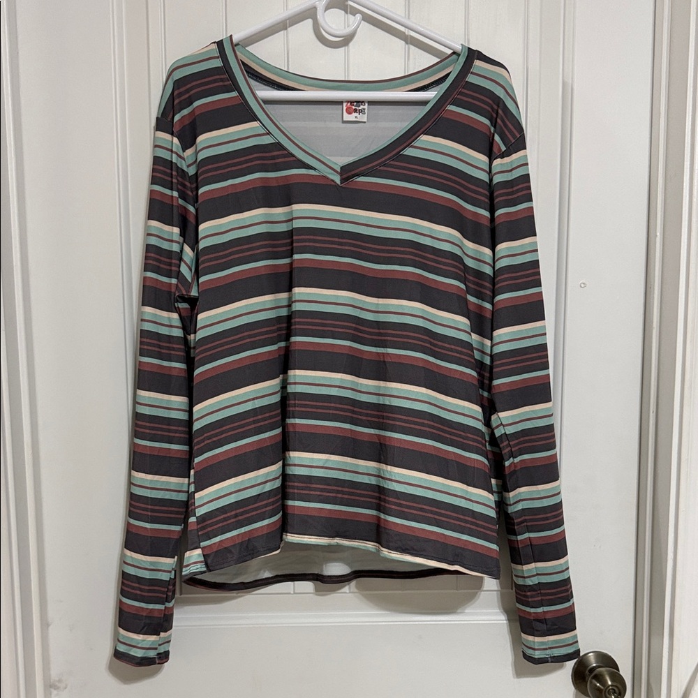 Striped V-Neck Long Sleeve Tee in Mint & Charcoal